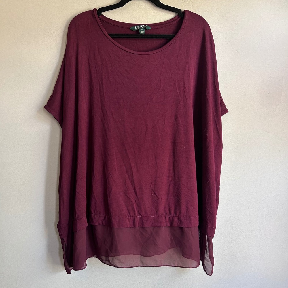 Lauren Ralph Lauren Burgundy Mixed Media Chiffon Hem Dolman Top 1X